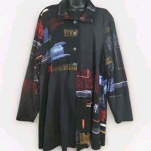 Art to Wear Abstract Shirt Jacket Shacket Sz XXL Black Tunic 3/4 Slv Artsy